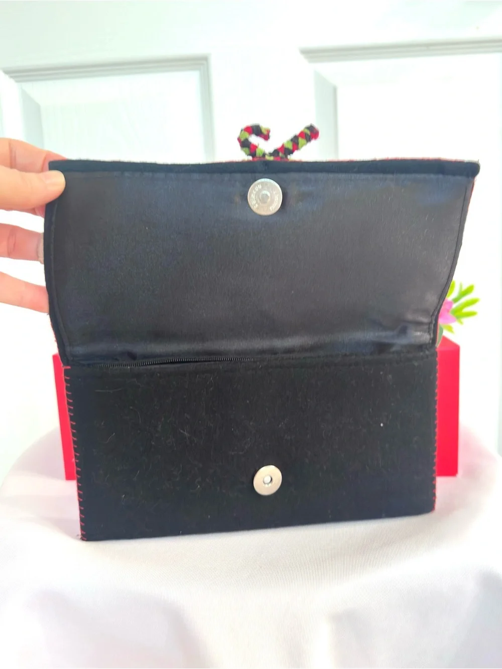 WALLET ~ Handcrafted Black Felt Floral Wallet w/Multicolor Appliqué Accents